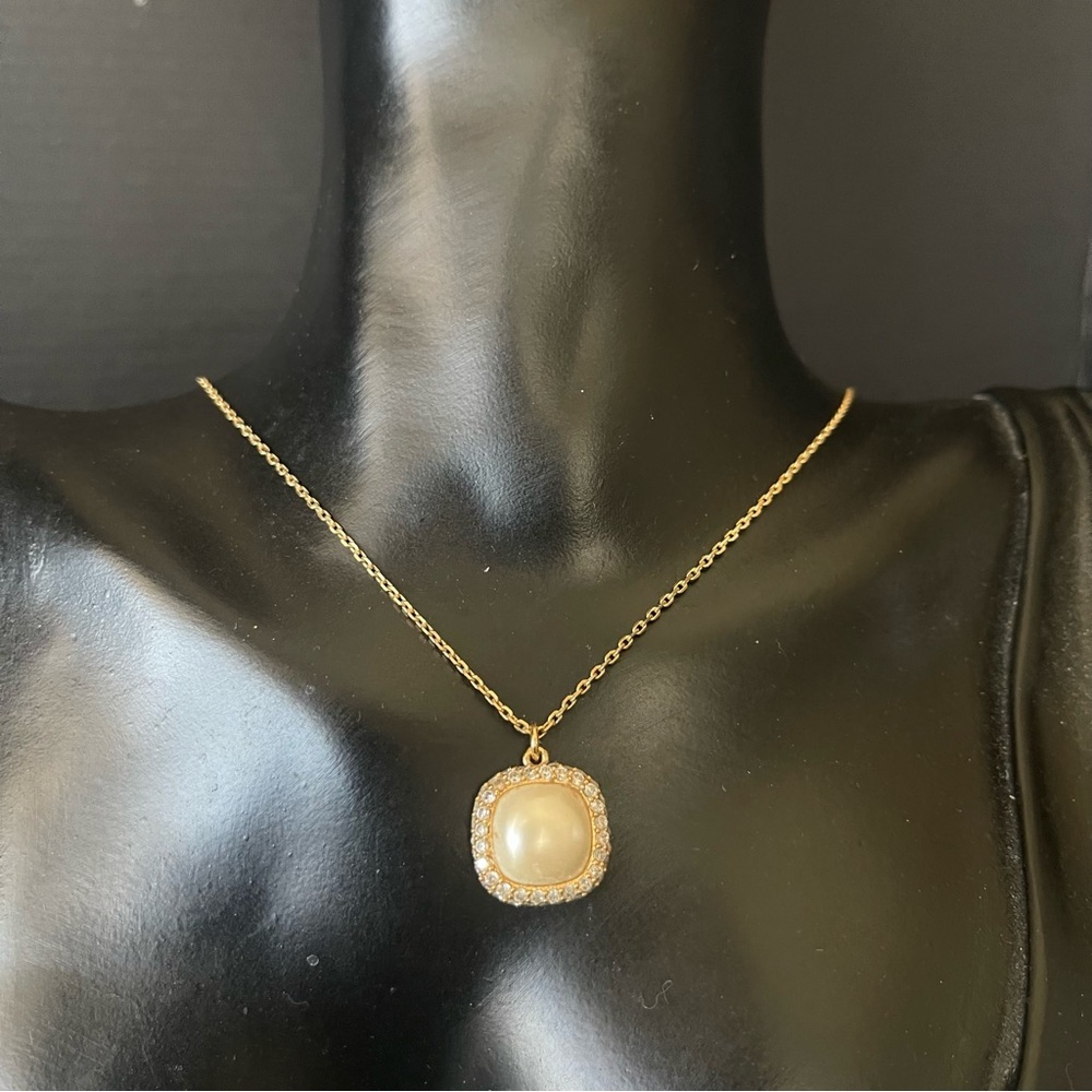 Gold tone faux pearl cz cluster necklace